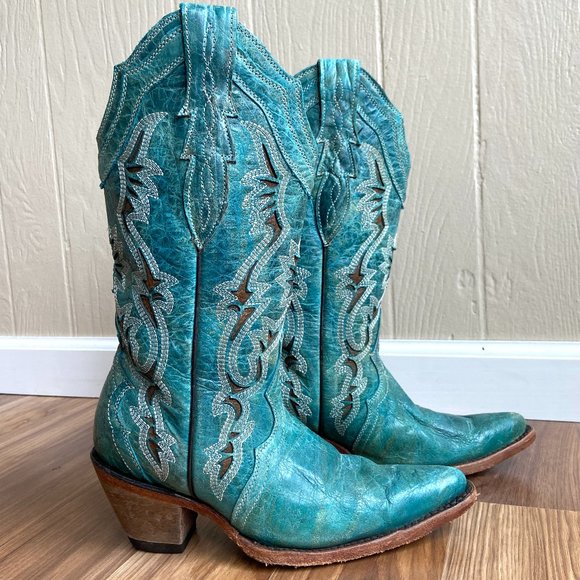 Veari Shoes - Veari Turquoise Leather Laser Cut Western Cowgirl Cowboy Boots Rodeo